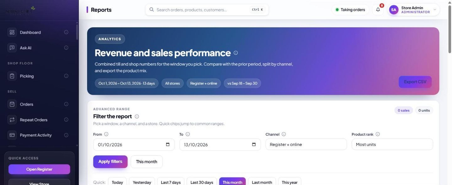 The reports screen: revenue and sales performance with filters