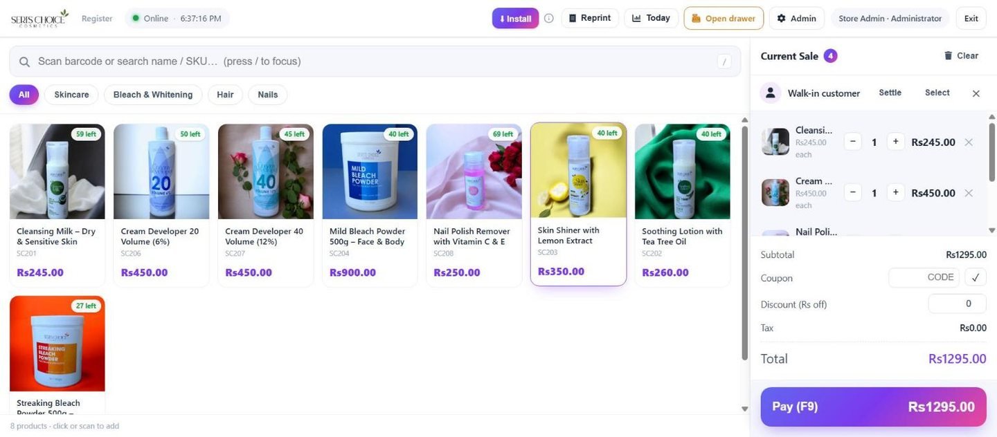 The register mid-sale with four items and the pay button