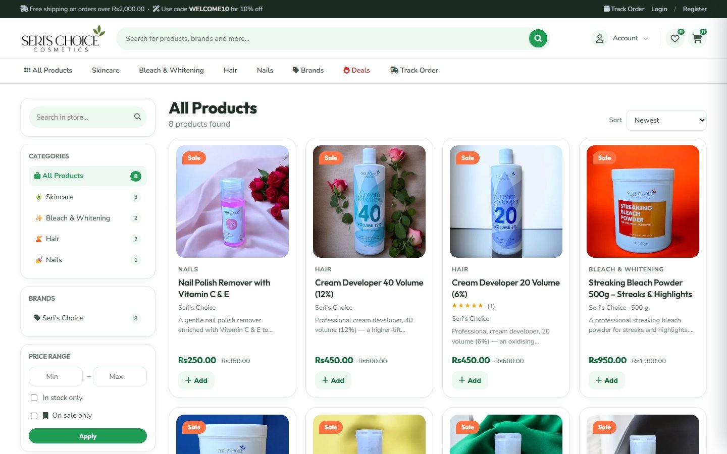 The shop page with categories, filters and products